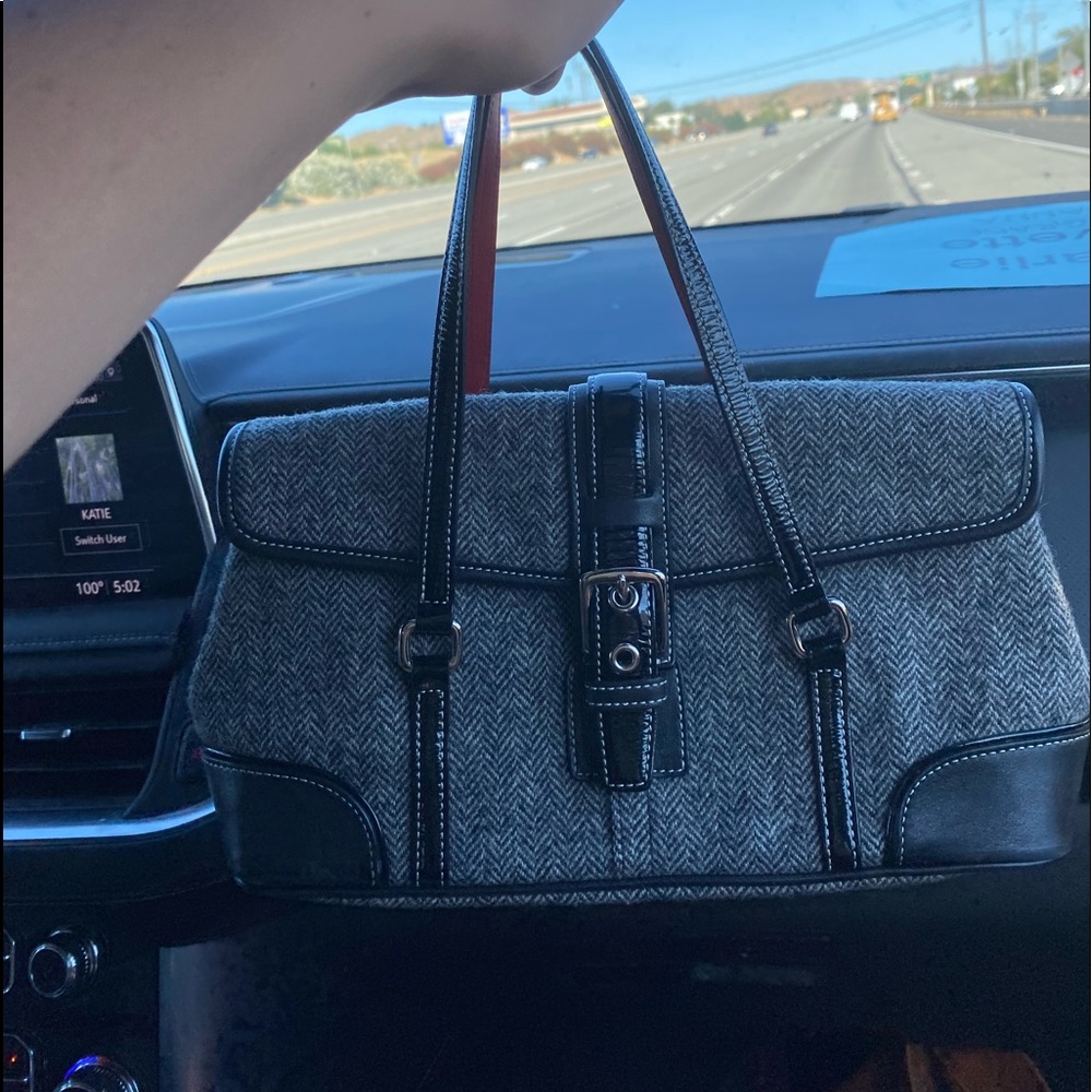 Authentic coach herringbone wool and leather top handle purse